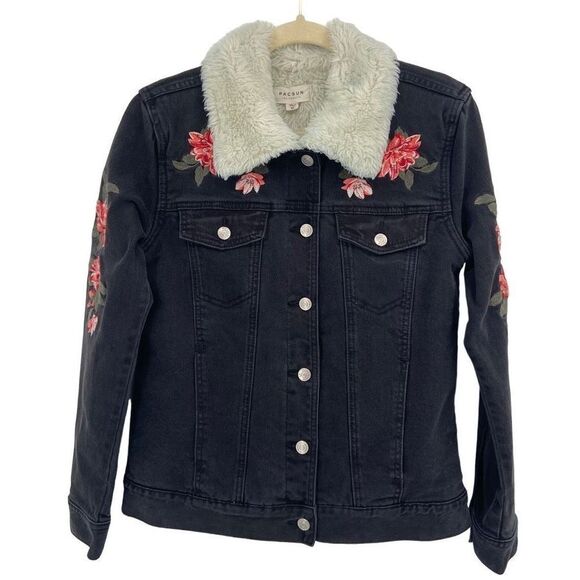 PacSun Jackets & Blazers - PacSun Sherpa Lined Embroidered Denim Jacket Black Medium